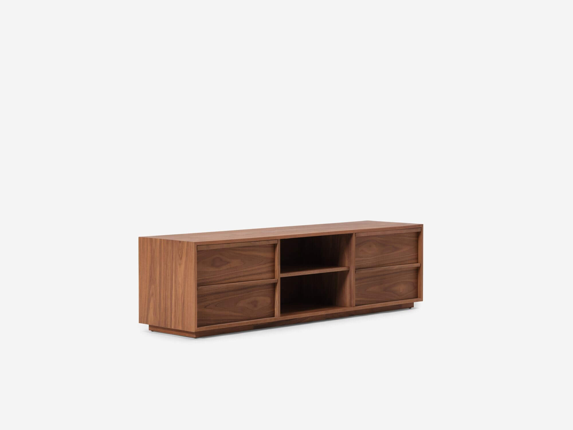 Modern walnut tv stand front angle view